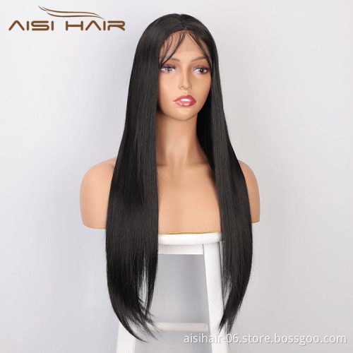 Aisi Hair Long Natural Straight Black Wig With Baby Hair Bangs Swiss Lace Wig Synthetic Lace Frontal Hair Wigs For Black Women
